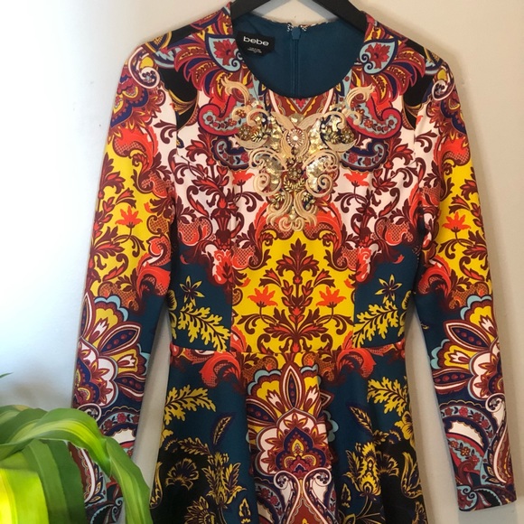 bebe Dresses & Skirts - Bebe Long Sleeve Multi Colour Fit & Flare Dress